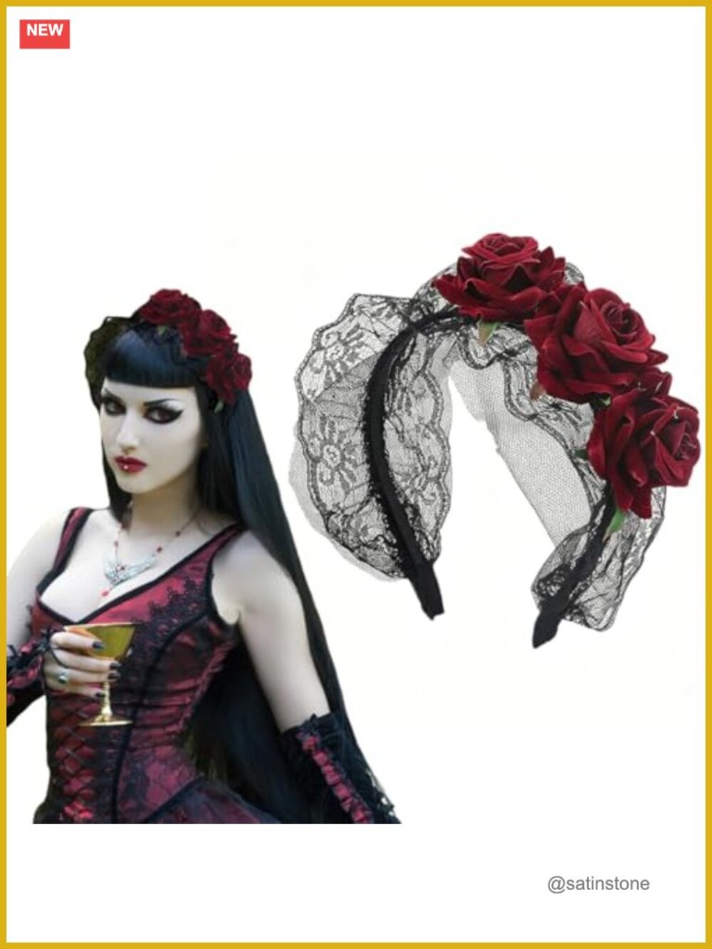 Wine Red Rose Flower Lace Headband Gothic Cosplay Halloween Hair Accessory